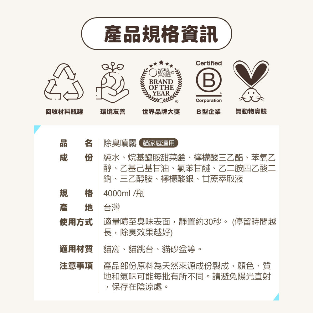 ODOUT 臭味滾 貓用除臭/抑菌噴霧 (補充瓶) 4L